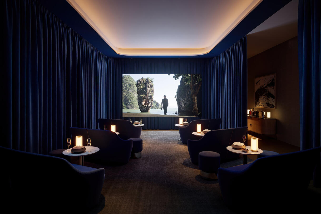 Cinema room with scheduled programming and private screenings