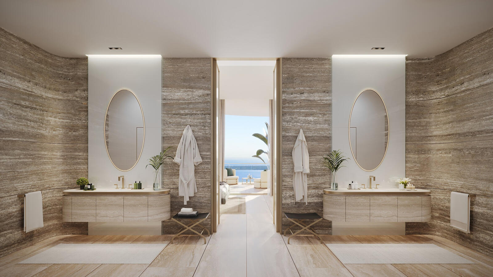 Oversized travertine showers